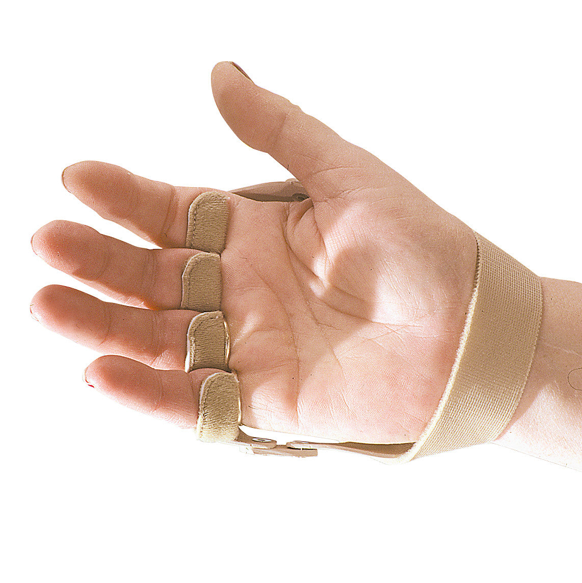 A hand wearing a 3pp Polycentric Hinged Ulnar Deviation Splint, with beige straps supporting fingers and wrist.