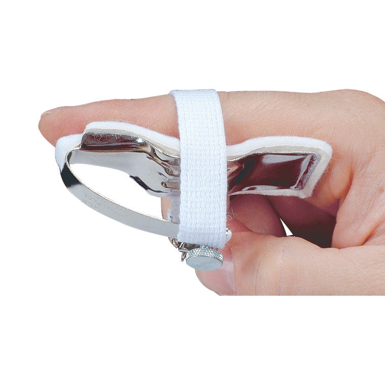 A hand wearing a Joint Jack Splint on the finger, secured with a white elastic strap and metal frame for joint support.