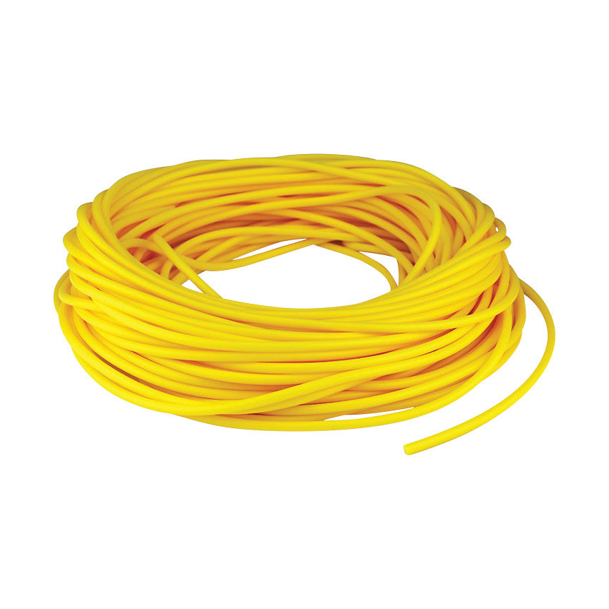 A coiled bundle of yellow CanDo Exercise Tubing against a white background.