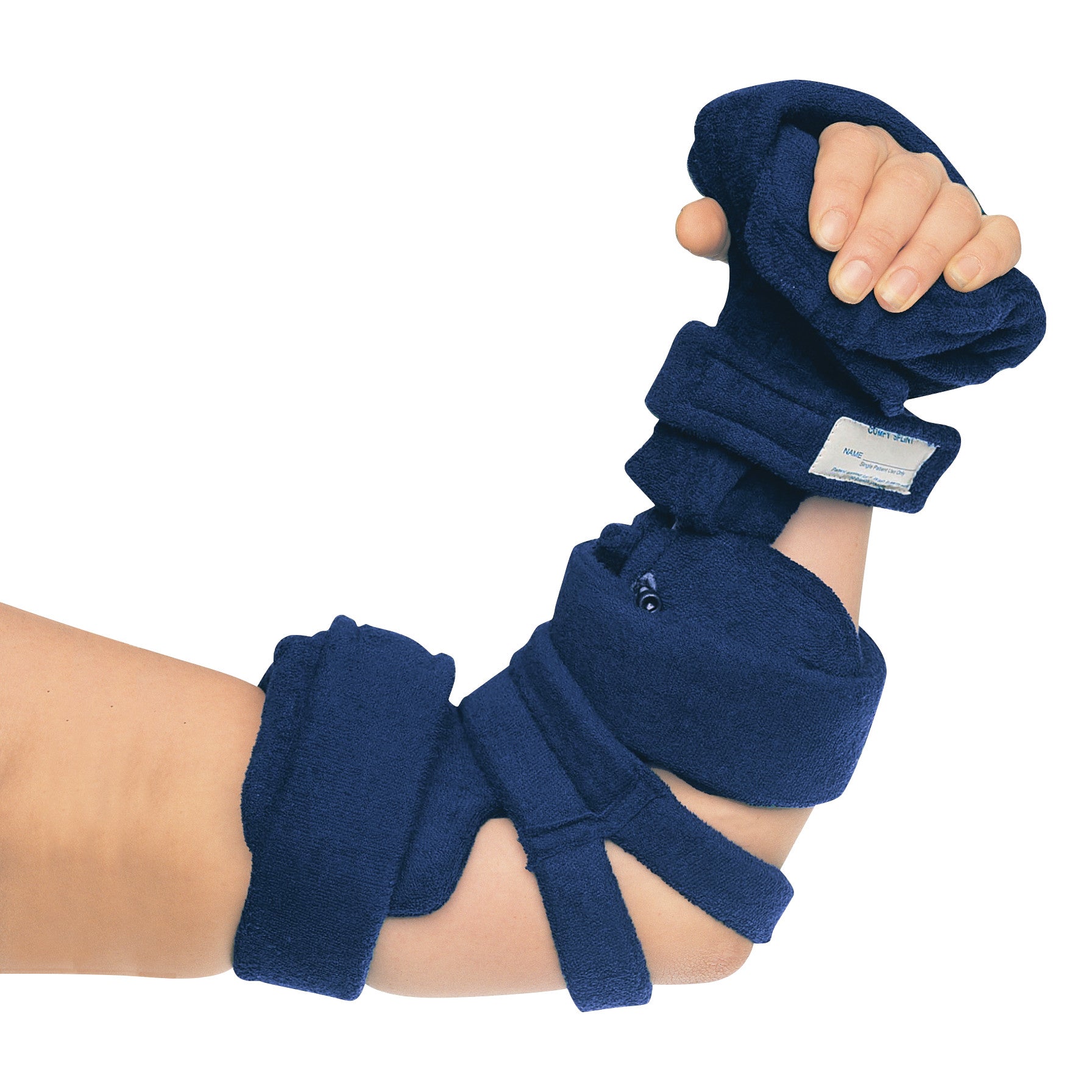 A person wears a Comfy Splints Adult Elbow and Full Hand Orthosis. The blue orthosis supports the elbow and hand with straps.