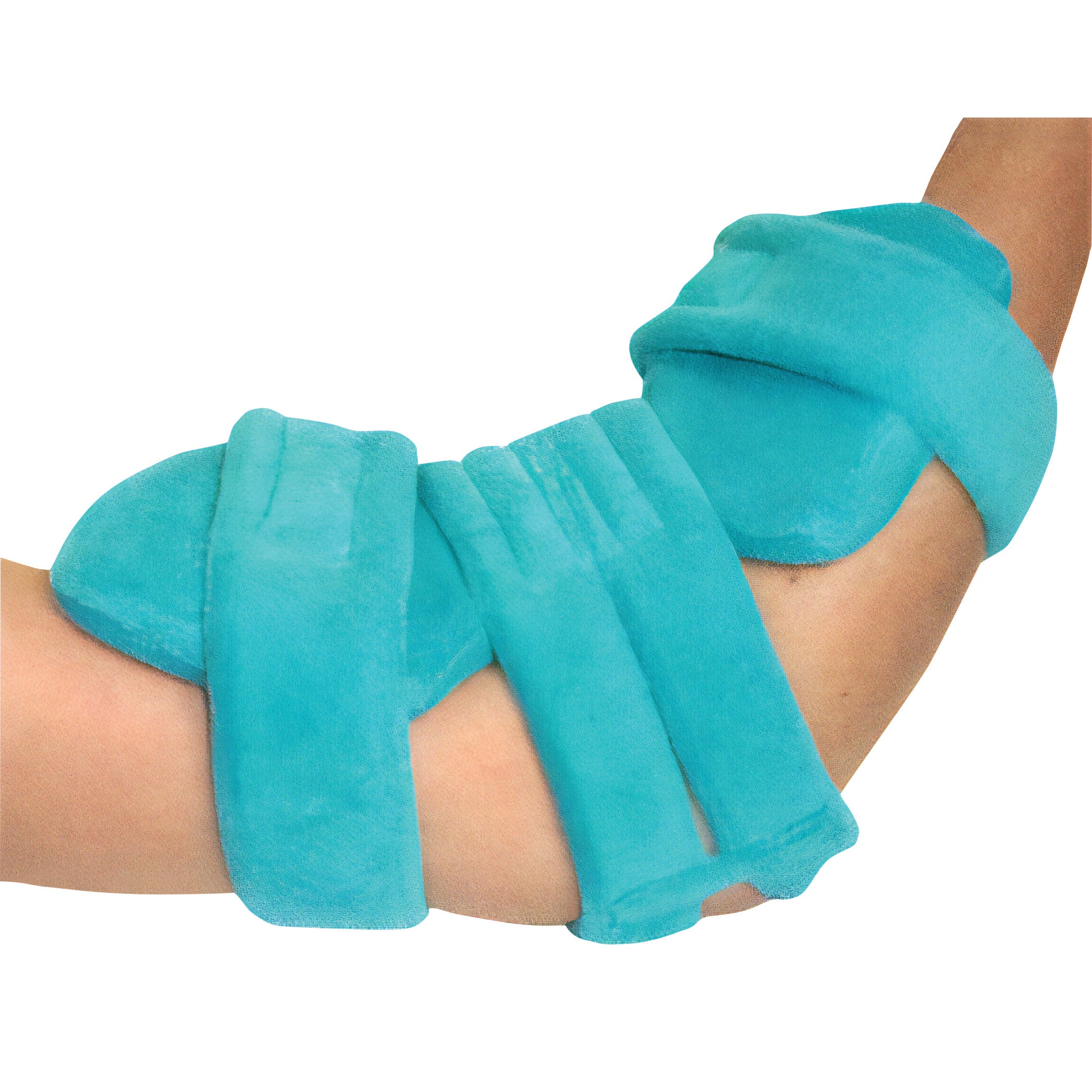 A person's arm wearing a Comfy Splints Pediatric Goniometer Elbow Orthosis, featuring a soft, bright blue wrap for elbow support.