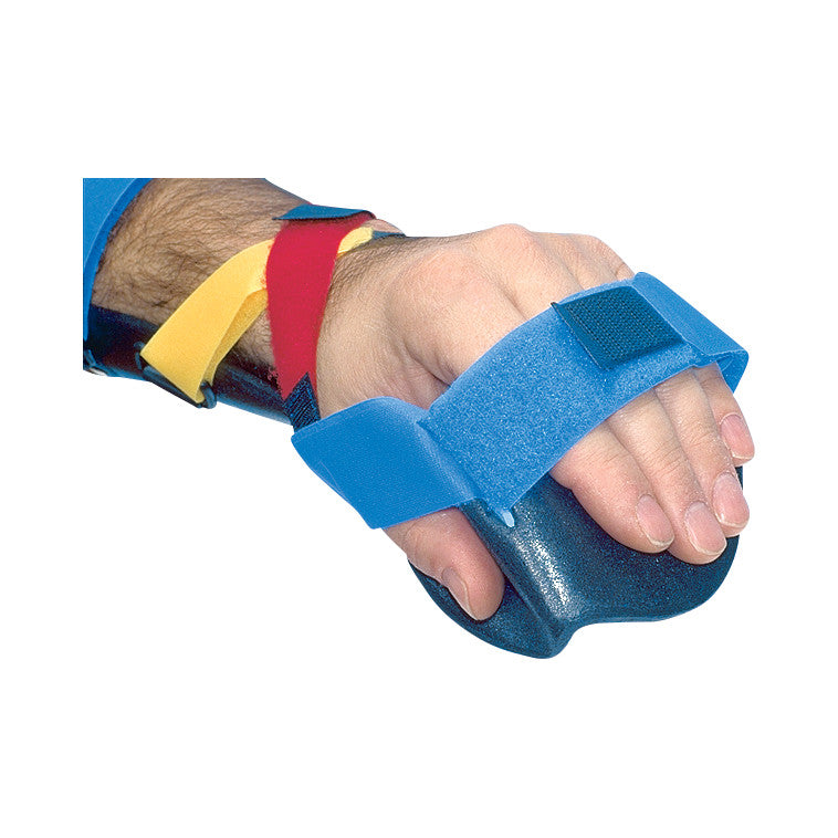 A hand wearing the AliMed AliLite Functional-Position Hand Splint with blue, red, and yellow straps for support and positioning.