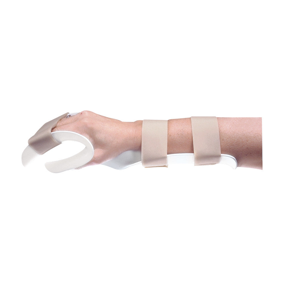 A hand wearing an AliMed Deluxe Functional-Position Hand Splint with beige straps for support and alignment.