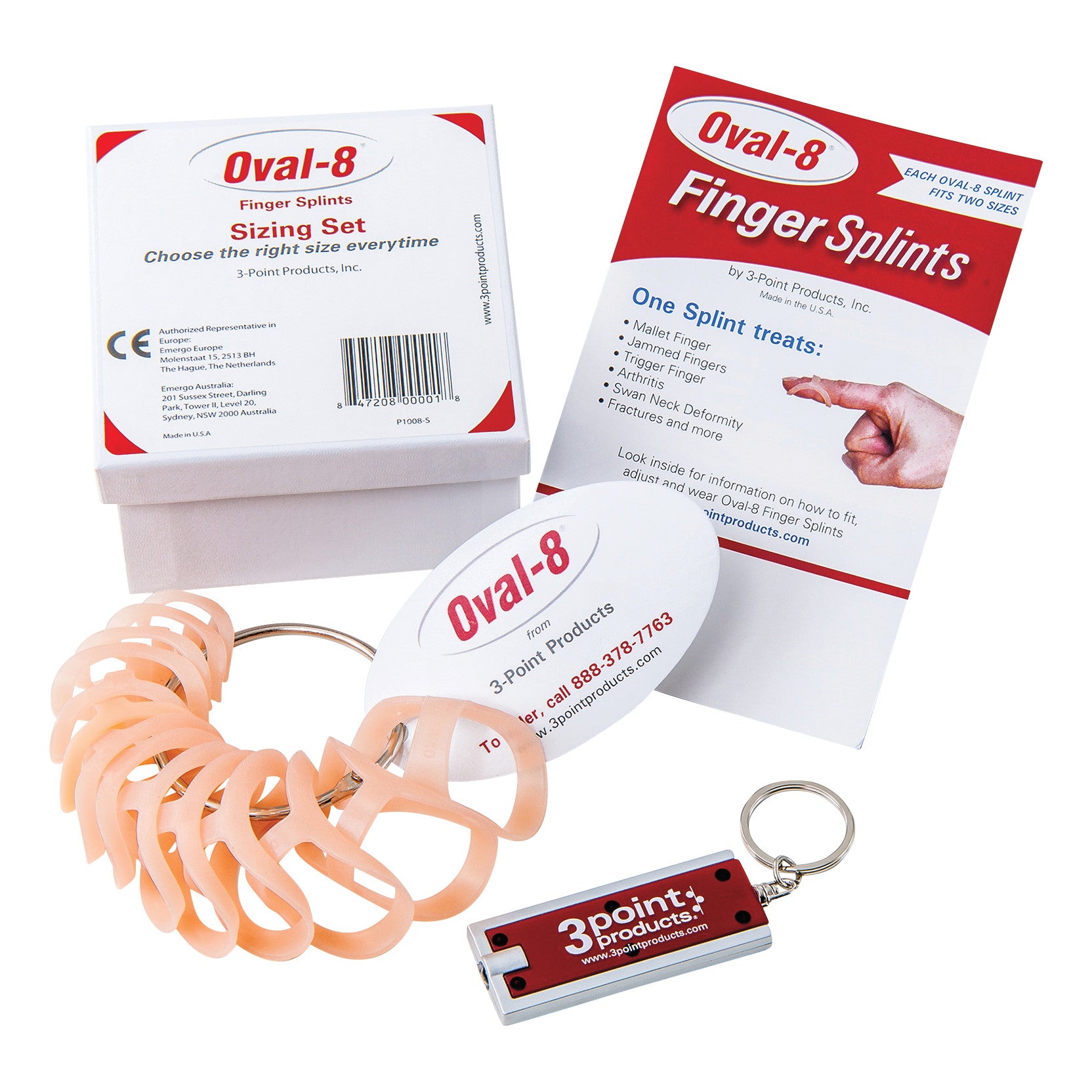 Oval-8 Sizing Set includes finger splints, a sizing guide, and a keychain. Items are arranged with packaging visible.