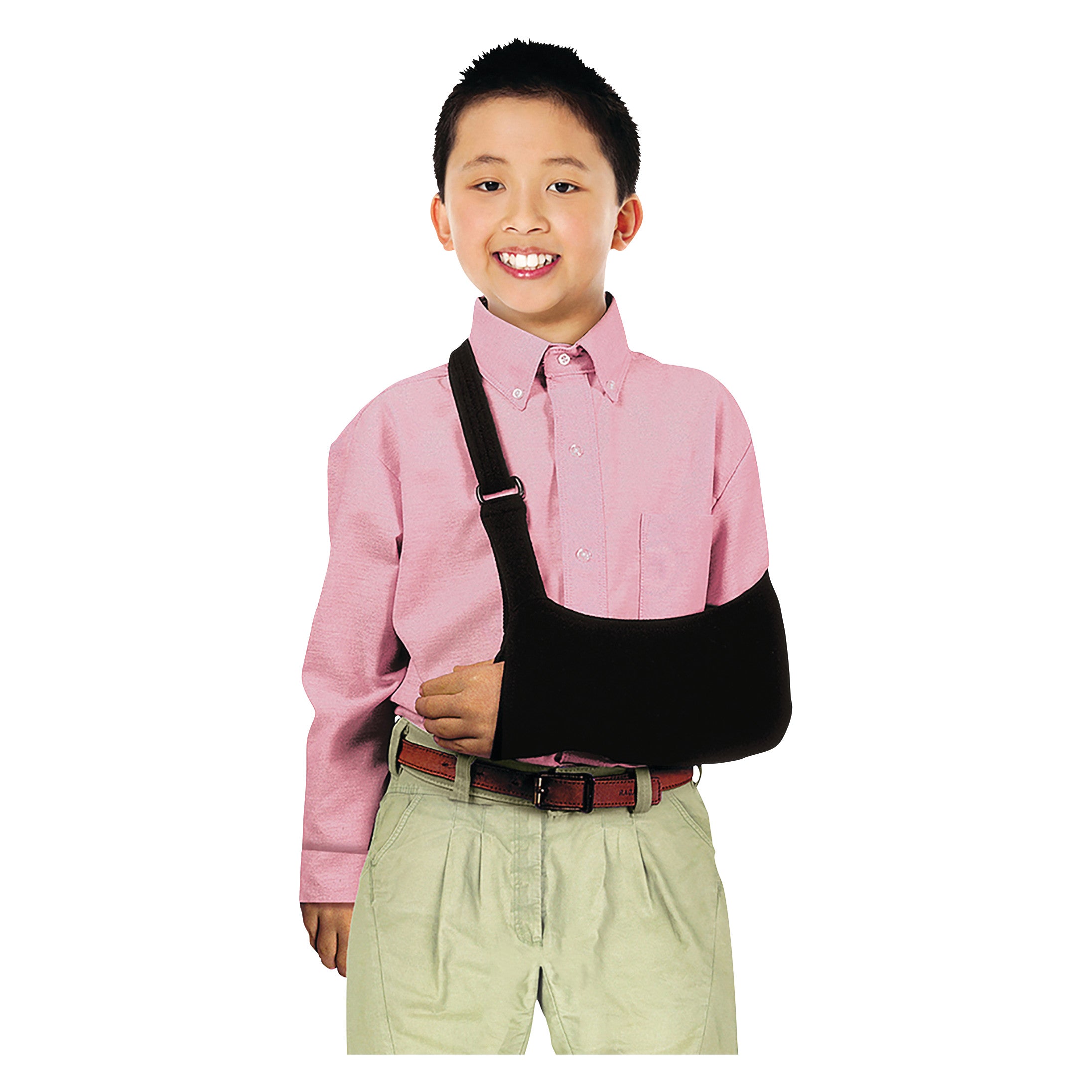 A smiling child wears a Brownmed Joslin Ultimate Arm Sling, dressed in a pink shirt and beige pants, against a white background.
