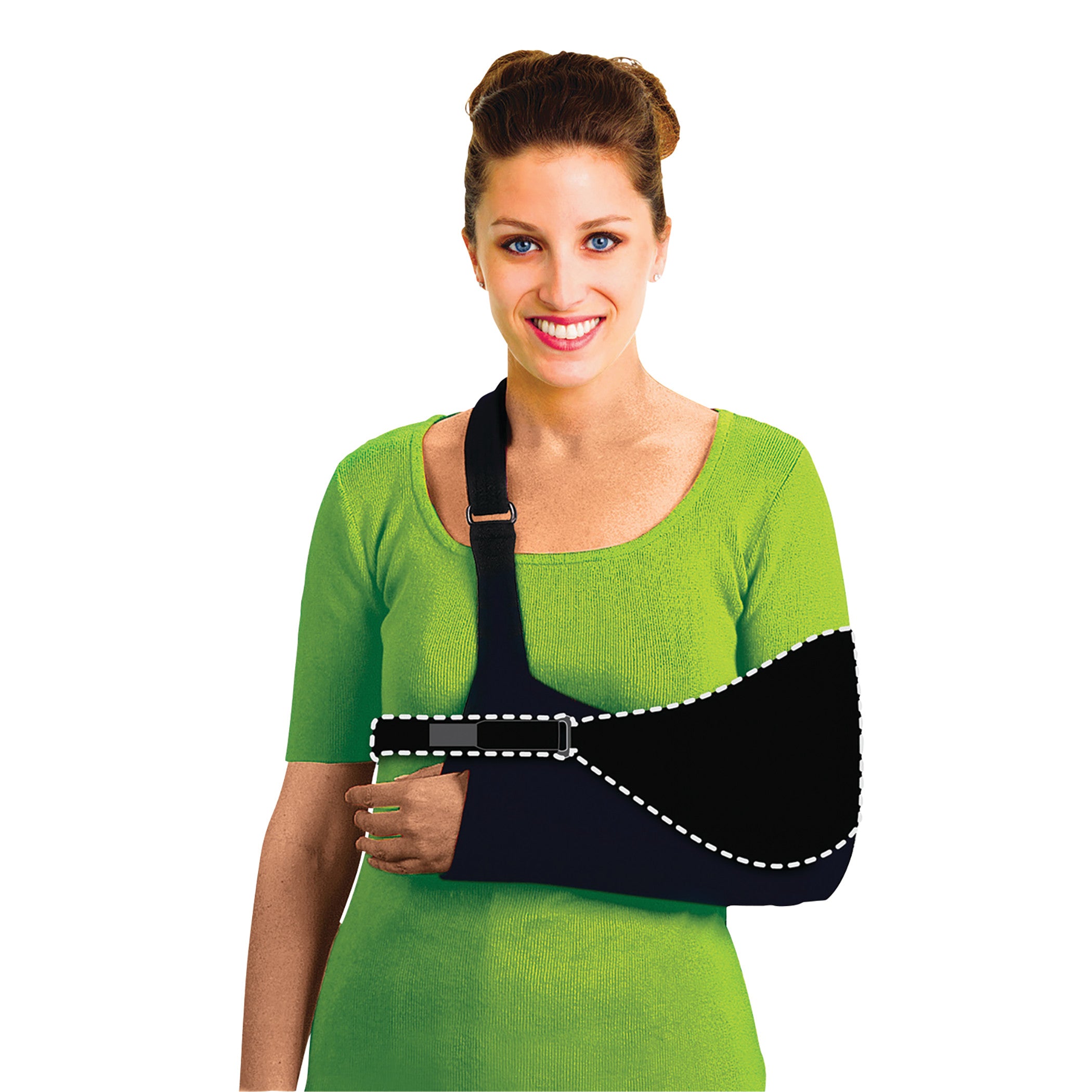 A woman wearing a green shirt uses the Brownmed Joslin Swathe, a black arm support sling, featuring adjustable straps.