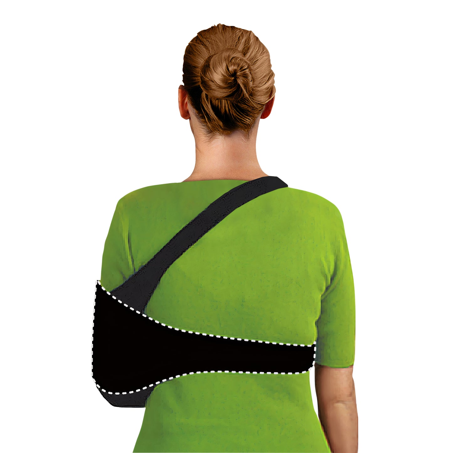 A person wearing the Brownmed Joslin Swathe, a black arm support sling, over a green shirt. The view is from the back.