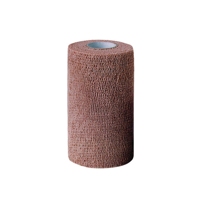 A roll of CoFlex LF2 Flexible Cohesive Bandage in brown, standing upright against a plain background.