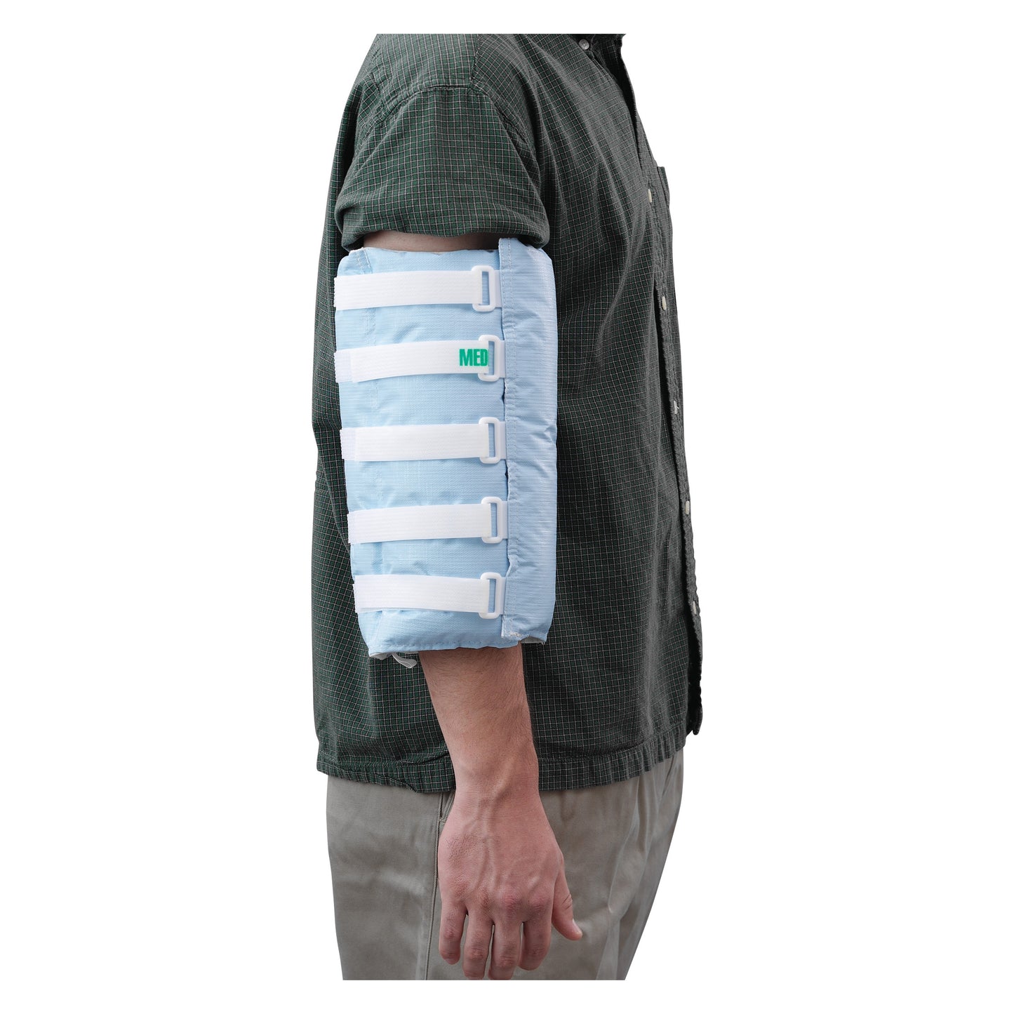 A person wears a Posey Arm Splint on their upper arm. The light blue splint is secured with four white straps and buckles.