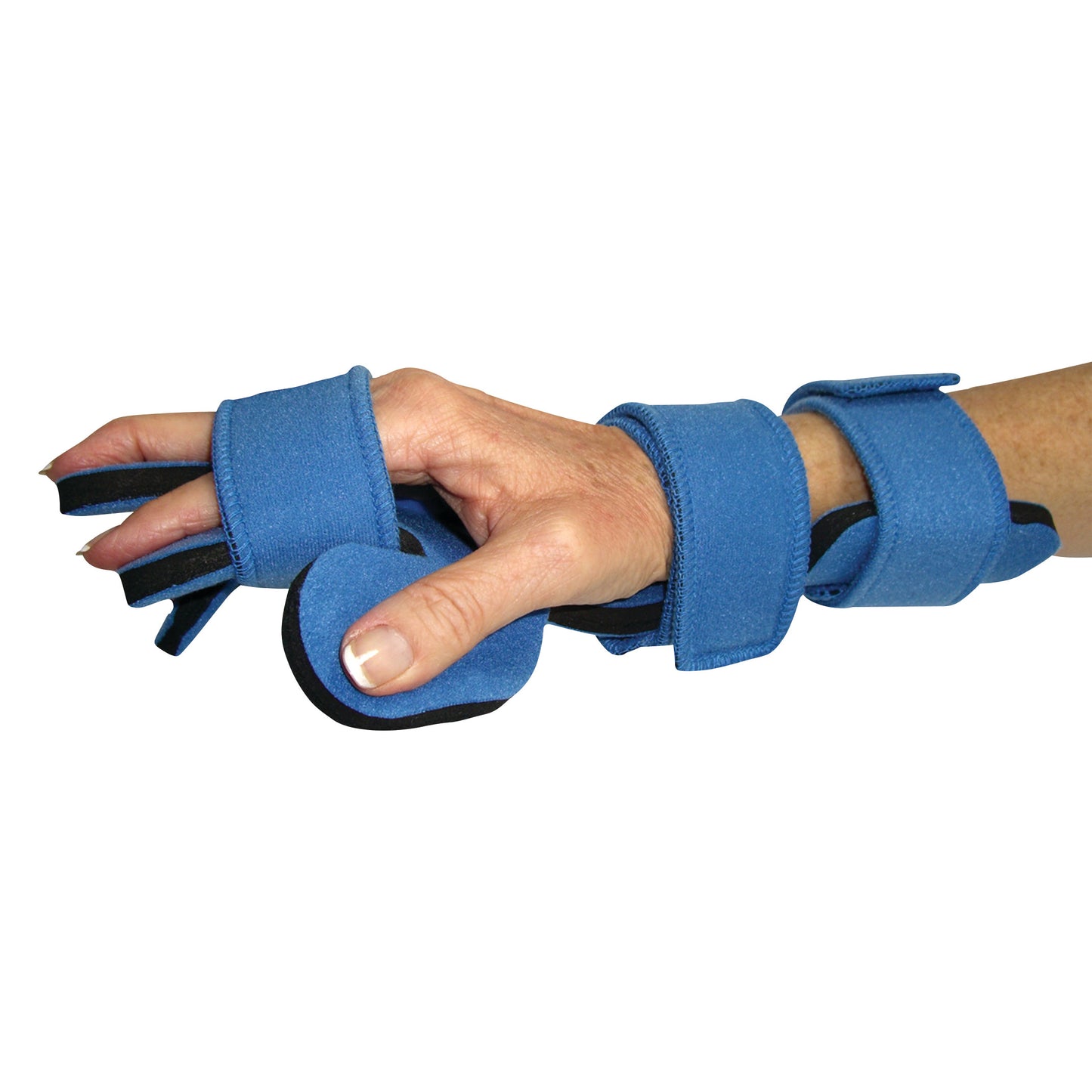 A hand wears the Comfy Splints Adult Hand/Wrist Separate Finger Orthosis, a blue supportive device with adjustable straps.