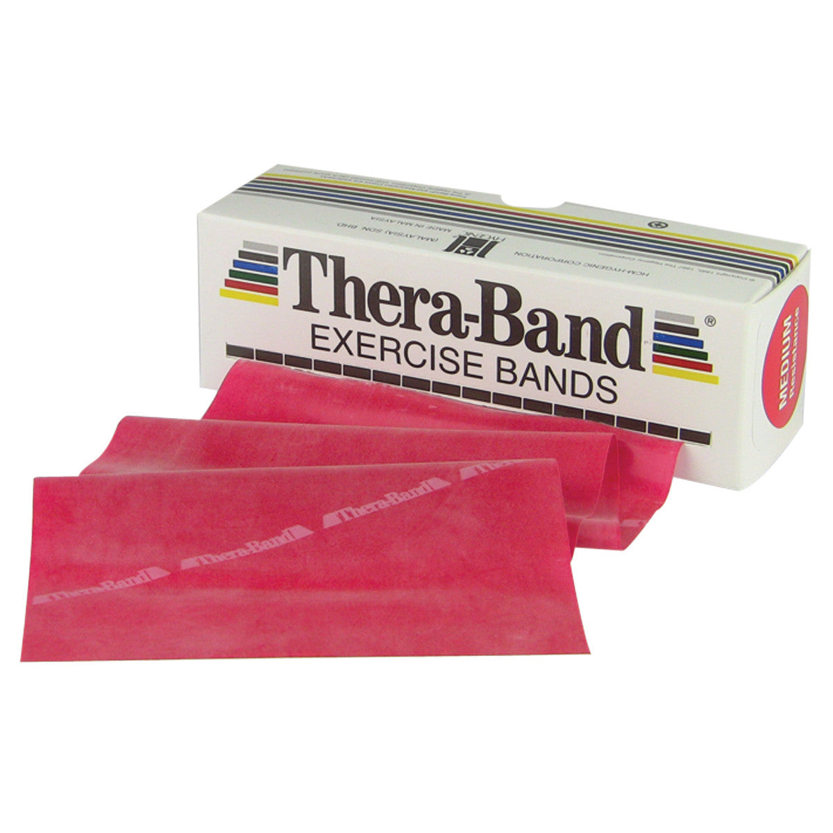 THERABAND Latex Resistive Exercise Band in red is shown partially out of its white box, labeled with "Thera-Band Exercise Bands."