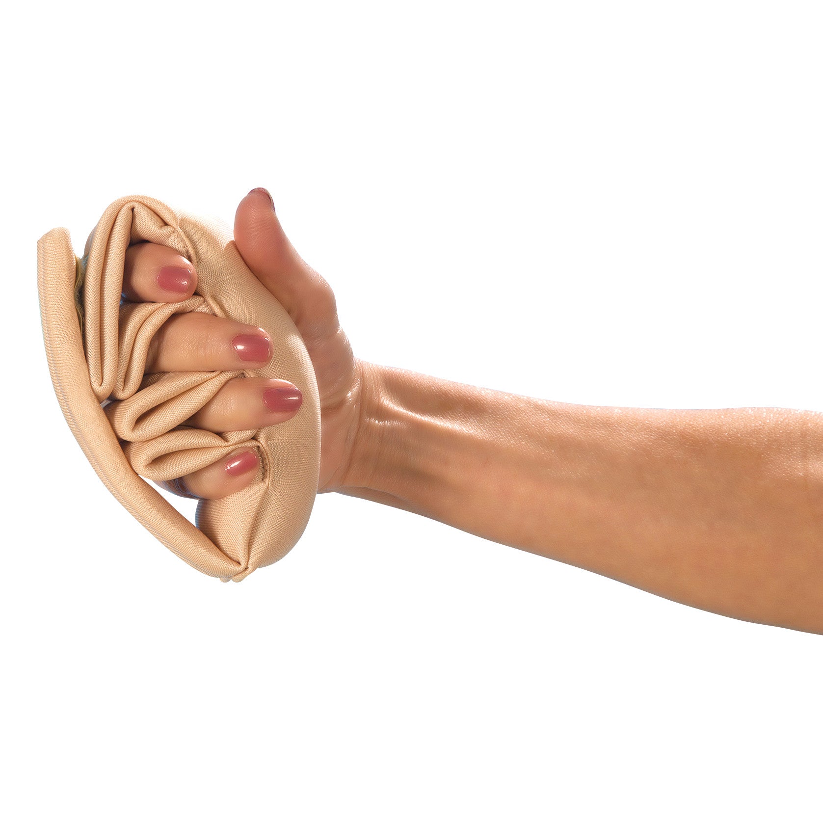 A hand holds a DermaSaver Finger Separator, made of beige fabric, with fingers partially wrapped in the material.