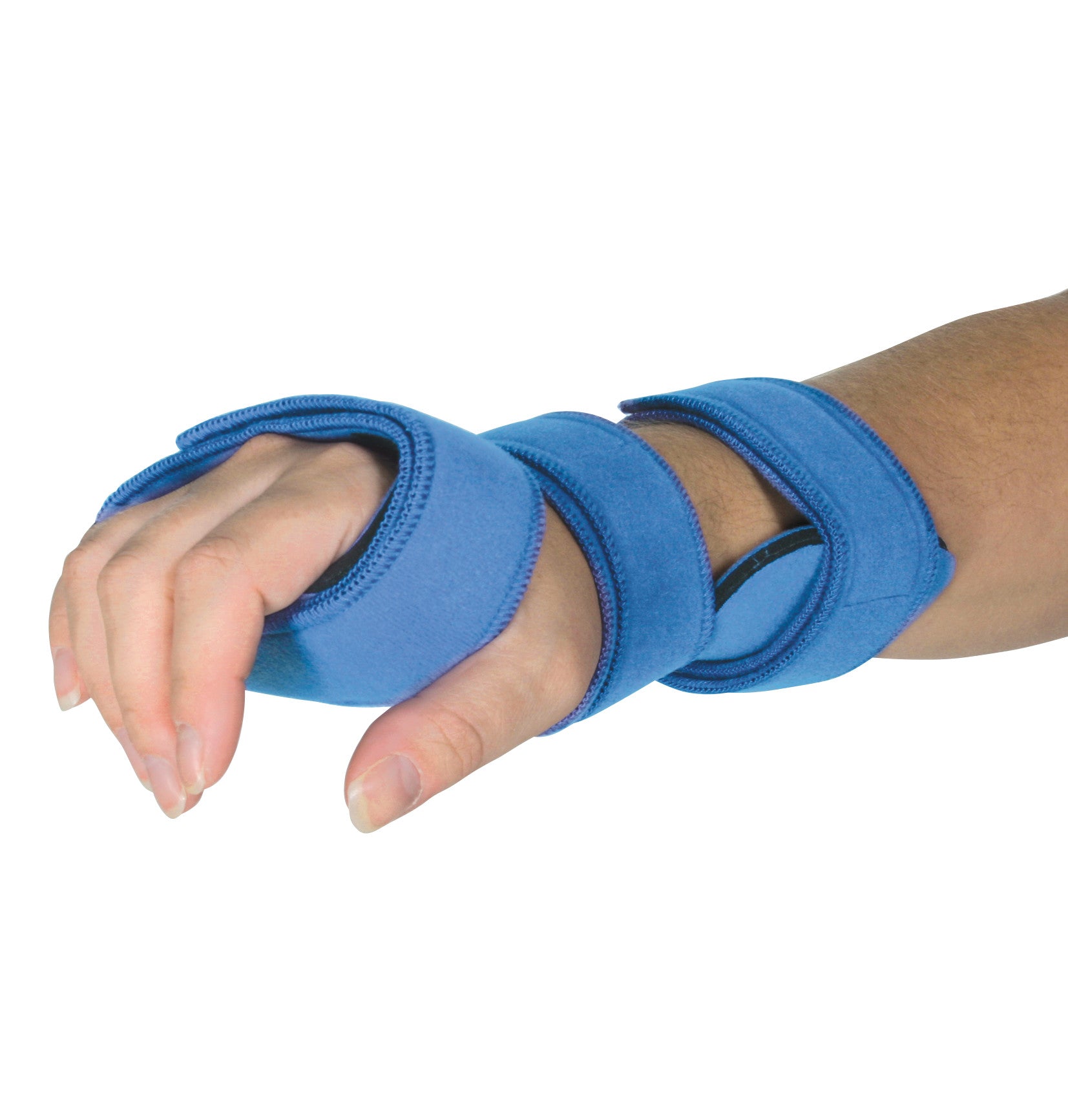 A hand is wearing a blue Comfy Splints Adult Wrist Cock-Up Orthosis, supporting the wrist and thumb with adjustable straps.