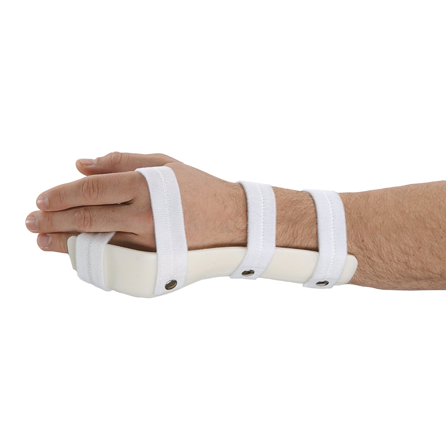 A hand wearing a G-Force Extended Length Boxers Splint with MP Flexion, featuring white straps and a rigid structure for support.