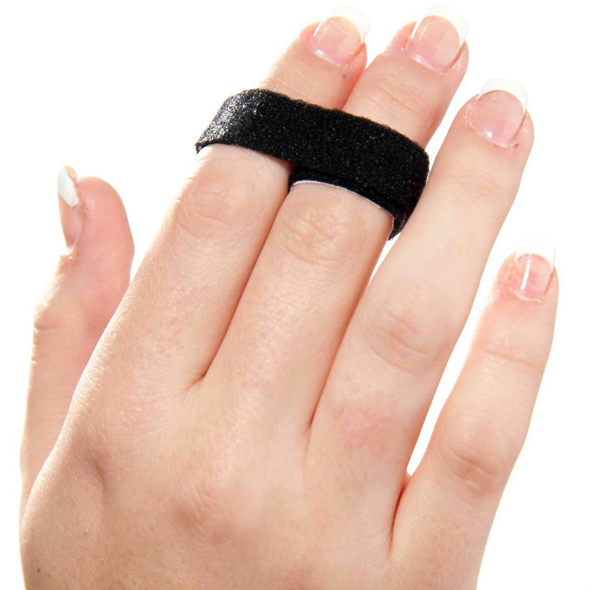 A hand with a 3pp Buddy Loop Finger Splint wrapped around two fingers, featuring a black strap.