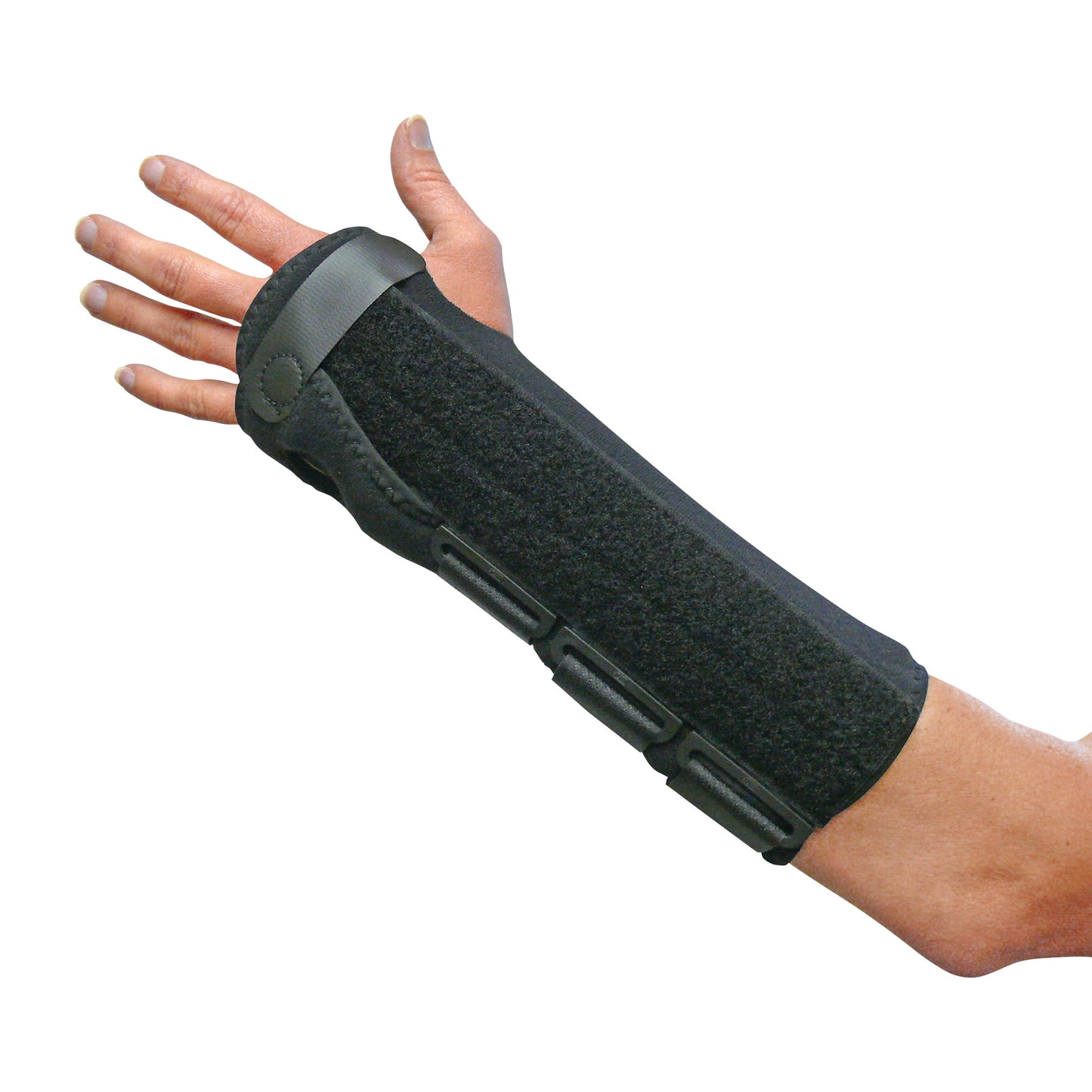 A person's arm is shown wearing an Econo Wrist Support, a black brace extending from the hand to below the elbow.