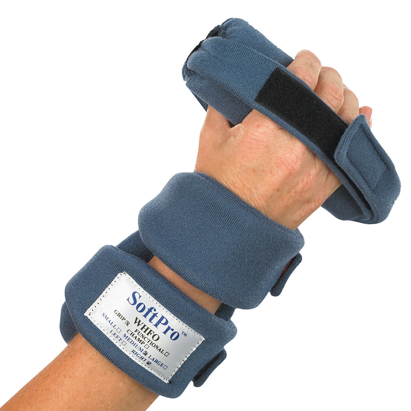 A hand is wearing an OCSI SoftPro Grip WHFO, a blue ergonomic wrist and hand orthosis with adjustable straps and a labeled patch.