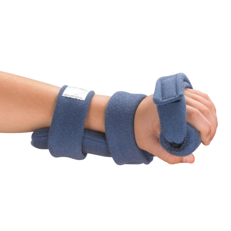 A hand wearing the OCSI SoftPro Grip WHFO, a blue padded orthopedic support with straps encircling the wrist and fingers.