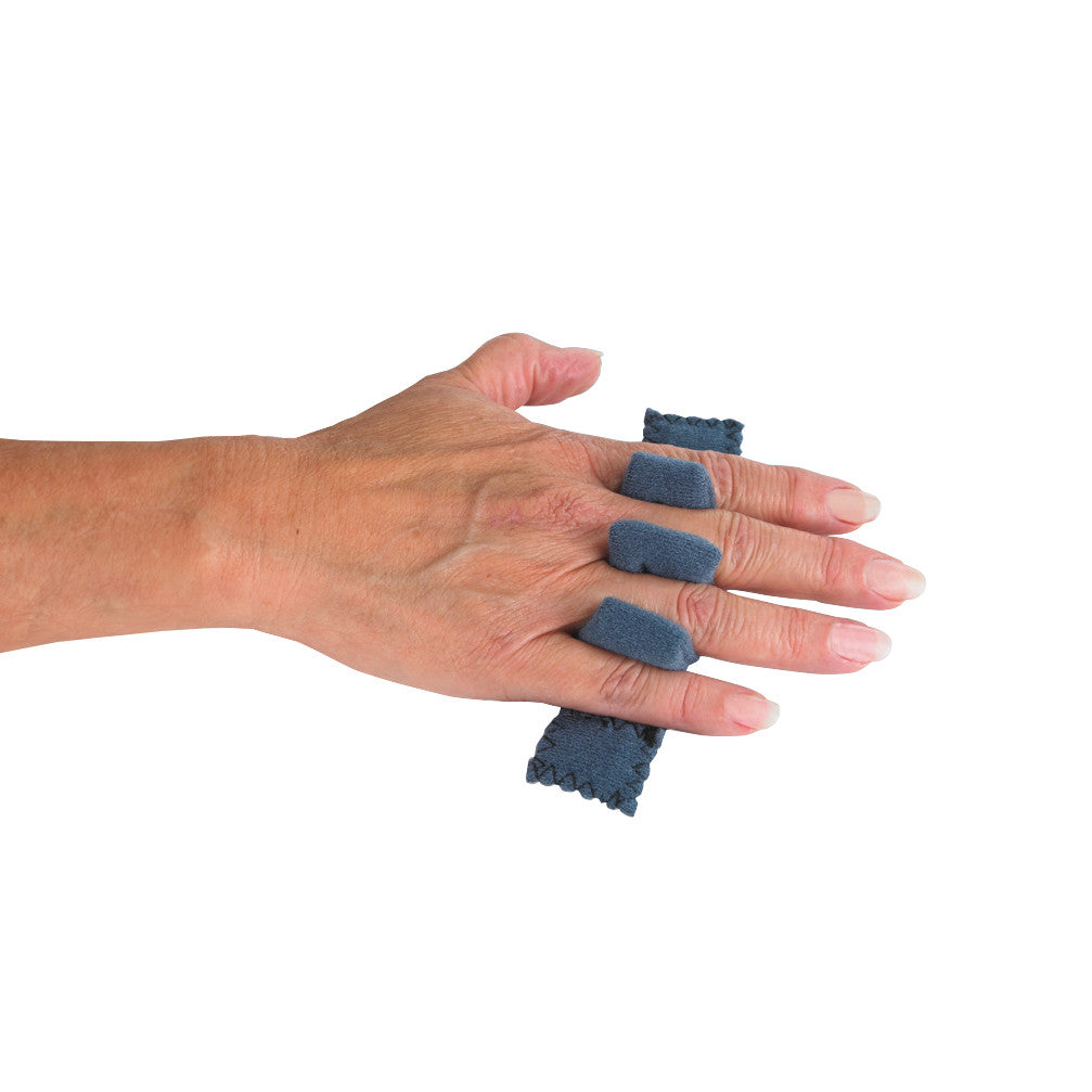 A hand is shown wearing the Optional Finger Separator for OCSI SoftPro WHFO, with blue fabric separating the fingers.