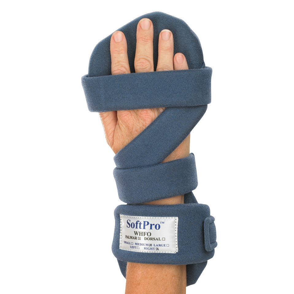 A hand is fitted with an OCSI SoftPro Palmar Resting WHFO, a blue orthopedic device. It supports the wrist and hand securely.