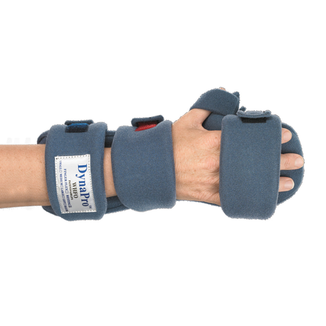 A hand wearing an OCSI DynaPro Resting Hand WHFO splint, featuring blue foam padding and adjustable straps for support.
