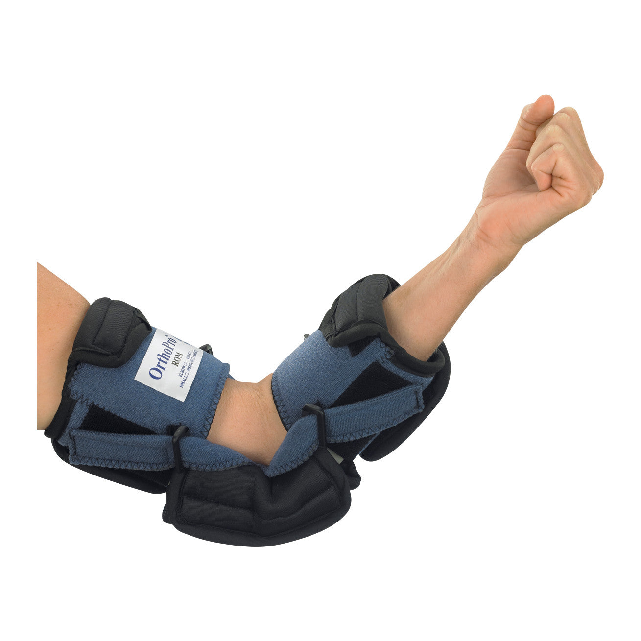A person's arm wearing an OCSI OrthoPro ROM Elbow Orthosis, featuring blue and black padding with adjustable straps.