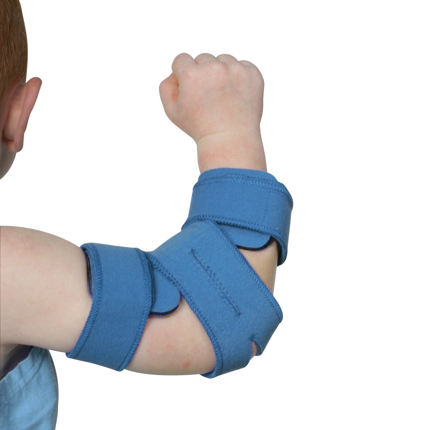 A child wears the Comfy Splints Pediatric Standard Elbow Orthosis. The blue brace supports the bent elbow with adjustable straps.