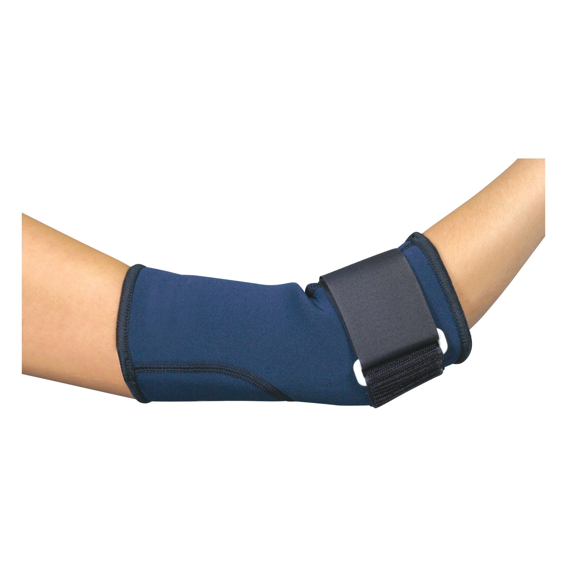 A person wears an AliMed Tennis Elbow Brace, featuring a blue sleeve with a black adjustable strap around the forearm.
