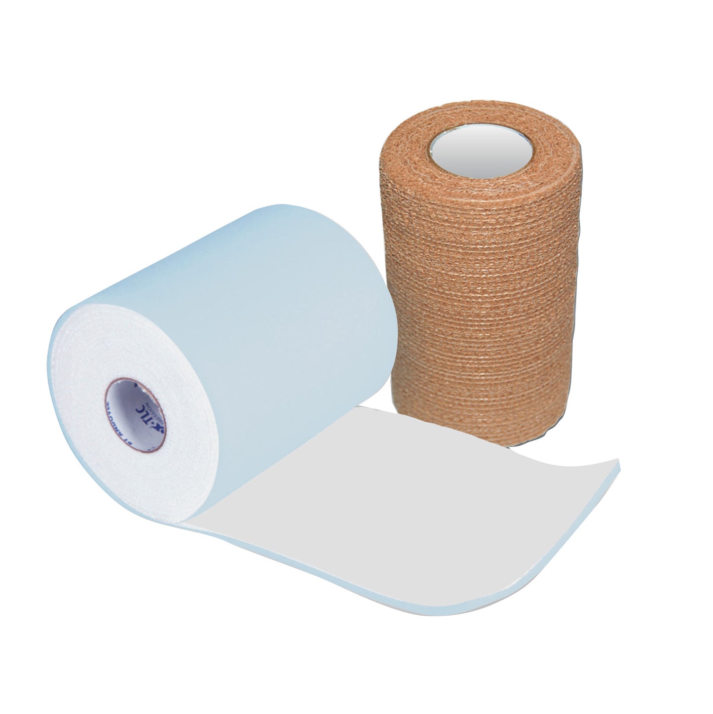 Two rolls of bandage from the CoFlex TLC Compression Kit, one in light blue and the other in brown.