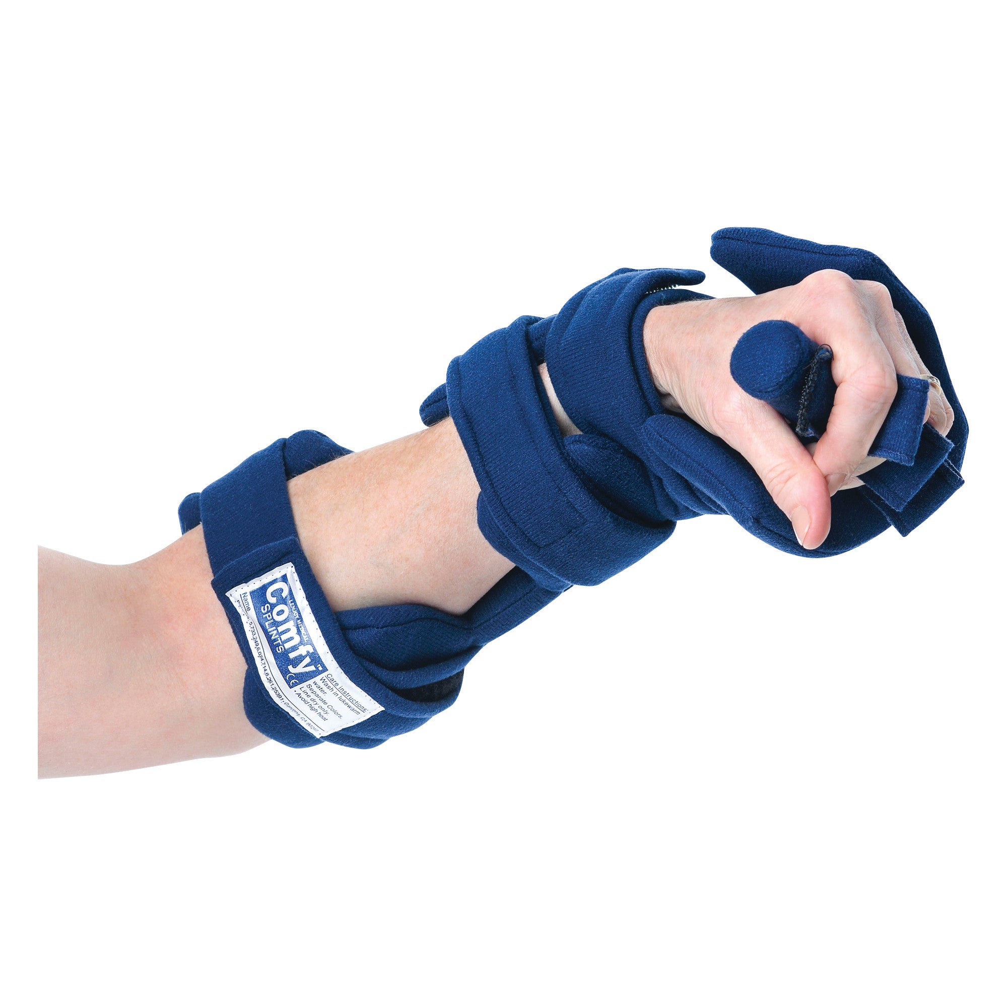 A person's hand is wearing the Comfy Splints Adult Adjustable Cone Hand Orthosis, featuring a blue, padded design with straps.