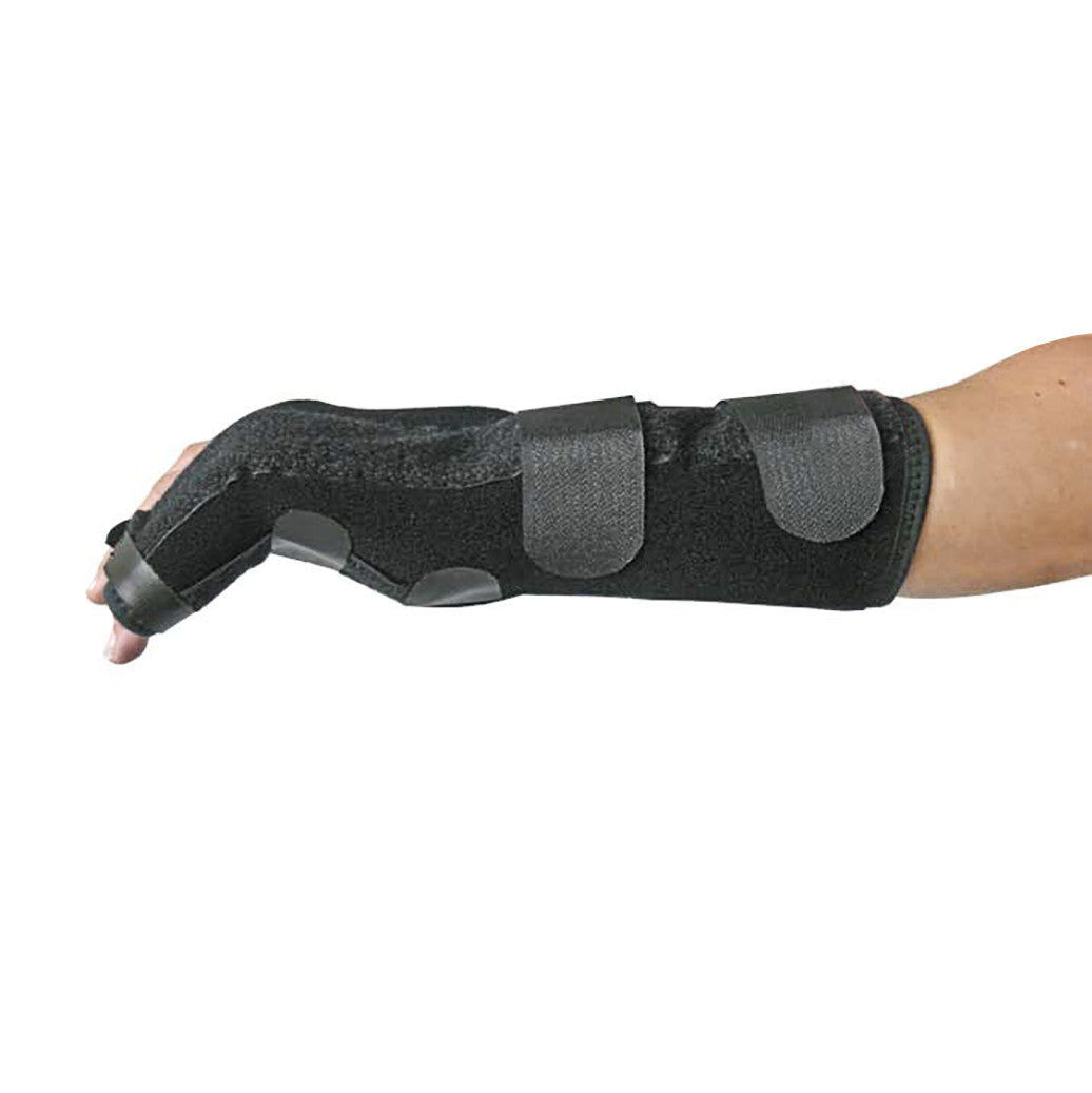 An EZY Wrap Boxer Fracture Brace on a forearm, featuring black material and adjustable straps.