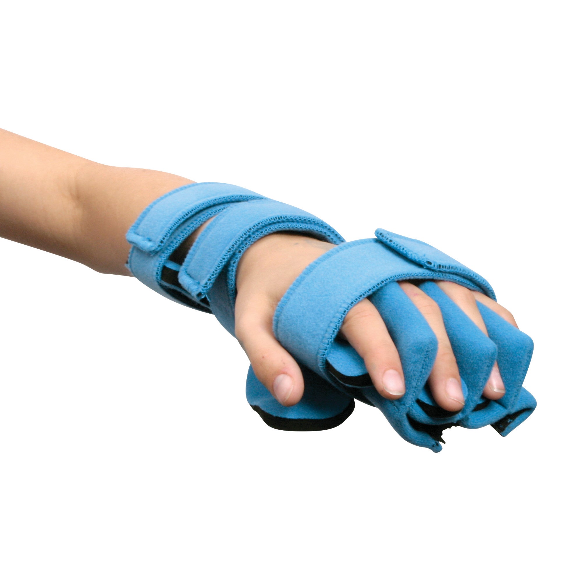 A child wears the blue Comfy Splints Pediatric Hand/Wrist Separate Finger Orthosis, which supports the hand and fingers with Velcro straps.