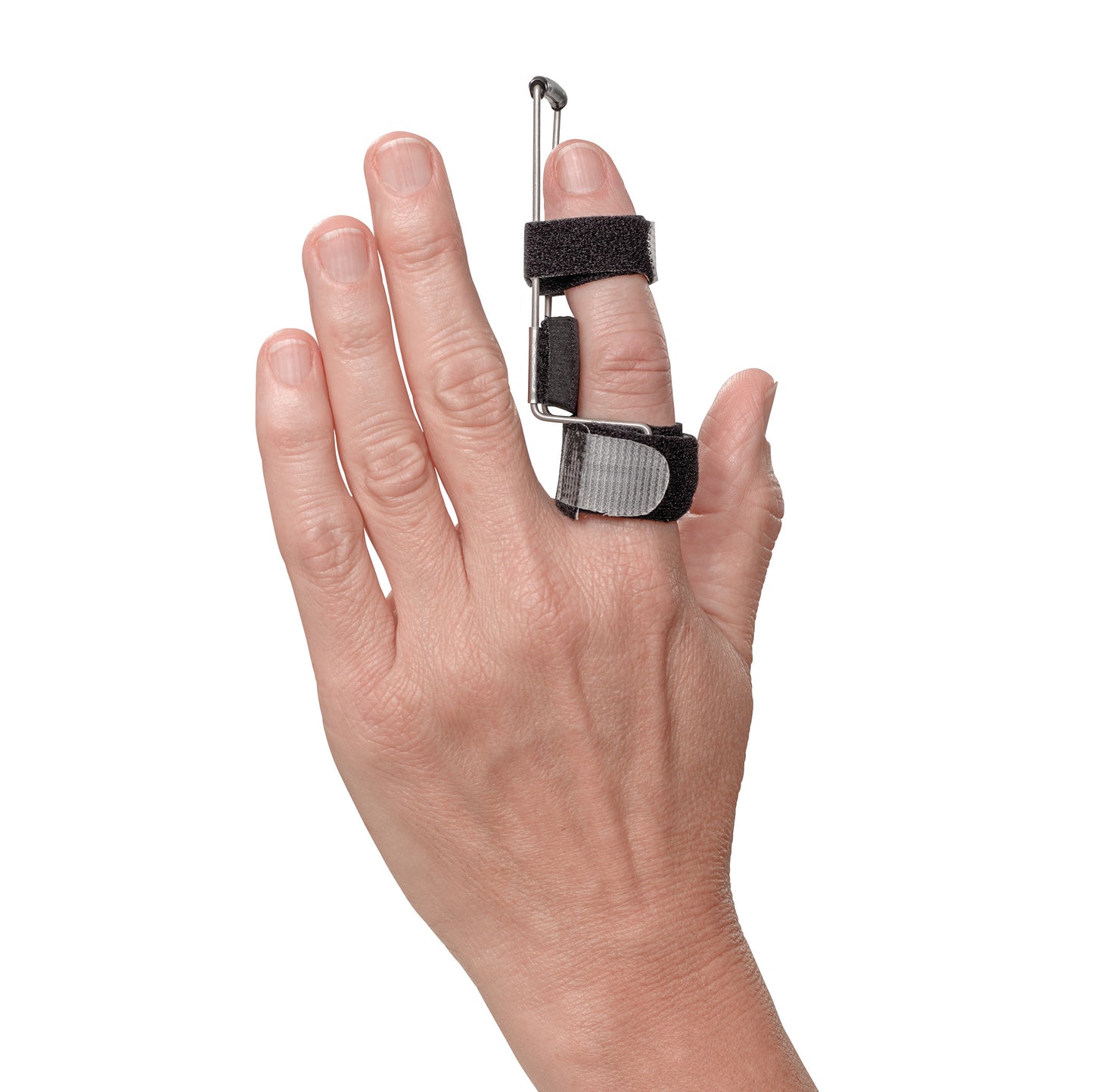 A hand wearing a 3pp Side Step Finger Splint on the middle finger, featuring adjustable straps for support and alignment.