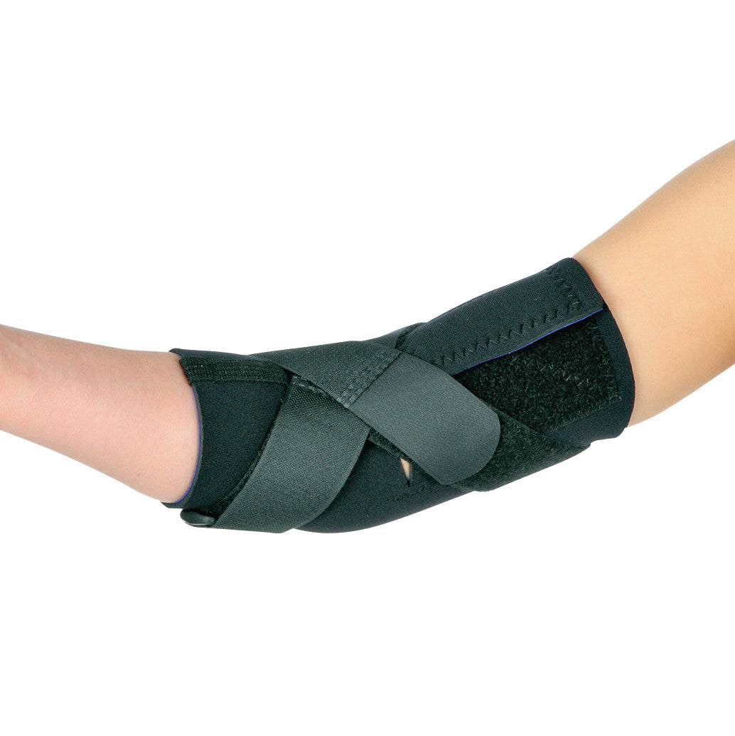 A child's arm wearing the AliMed FREEDOM Pediatric Hyperextension Elbow Sleeve, featuring adjustable straps and a snug fit.