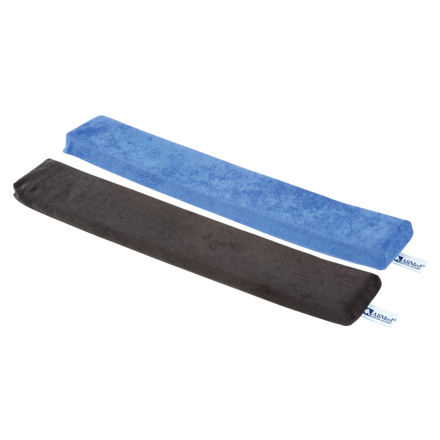 Two AliMed T-Foam Keyboard Wrist Supports are shown, one blue and one black, both rectangular with a soft fabric surface.