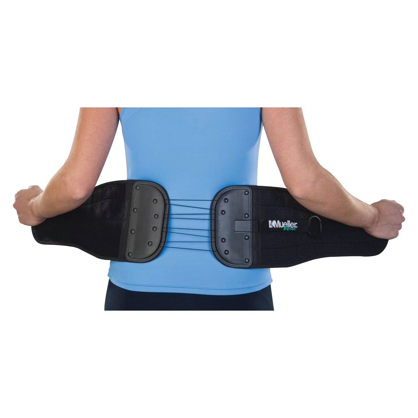 A person adjusts a Mueller Sports Medicine Green Adjustable Back and Abdominal Support, featuring black fabric with side supports.
