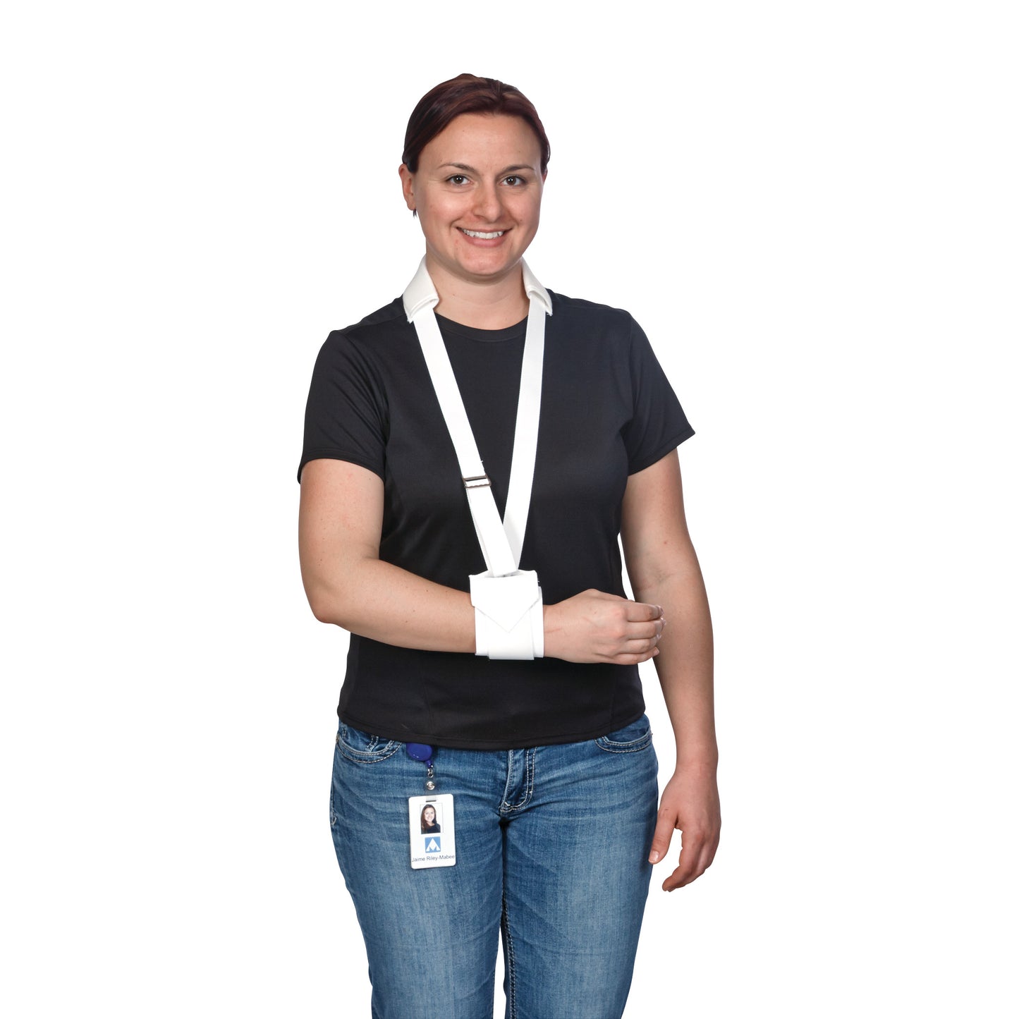A person demonstrates the AliMed Cuff and Collar Sling, wearing it on their left arm. The sling is white with a neck strap.