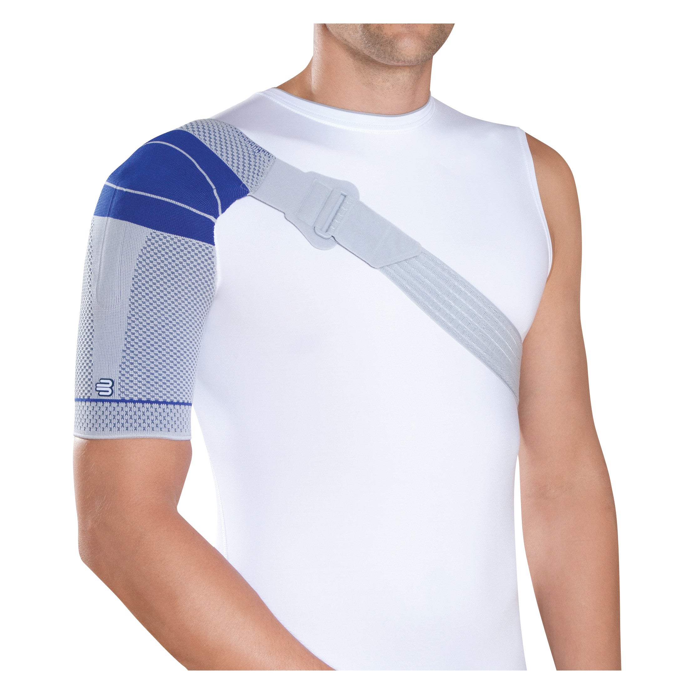 A person wears a Bauerfeind OmoTrain S shoulder brace. It is blue and gray, with an adjustable strap across the chest.