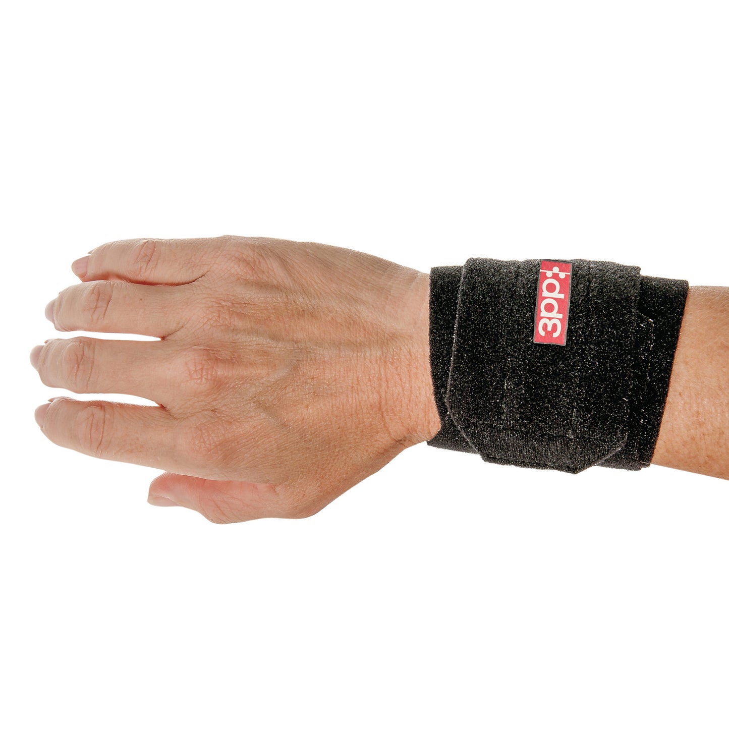 A hand wearing a black 3pp Wrist P.O.P. Splint, designed to provide wrist support.