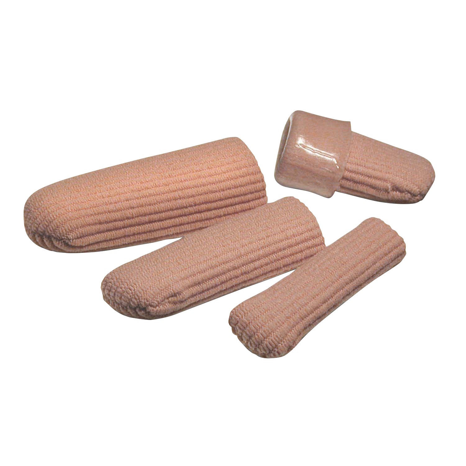 Four PediFix Visco-GEL Fabric-Covered Finger Protectors, three laid out and one standing upright, designed for cushioning fingers.