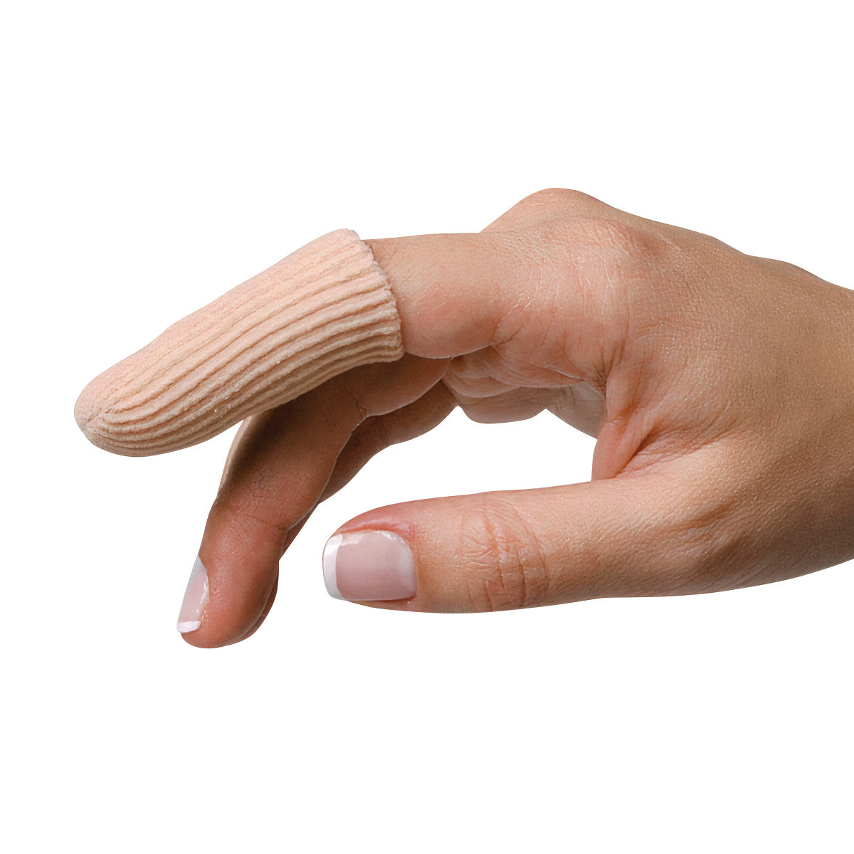 A hand wearing a PediFix Visco-GEL Fabric-Covered Finger Protector on the index finger, showing its textured surface.