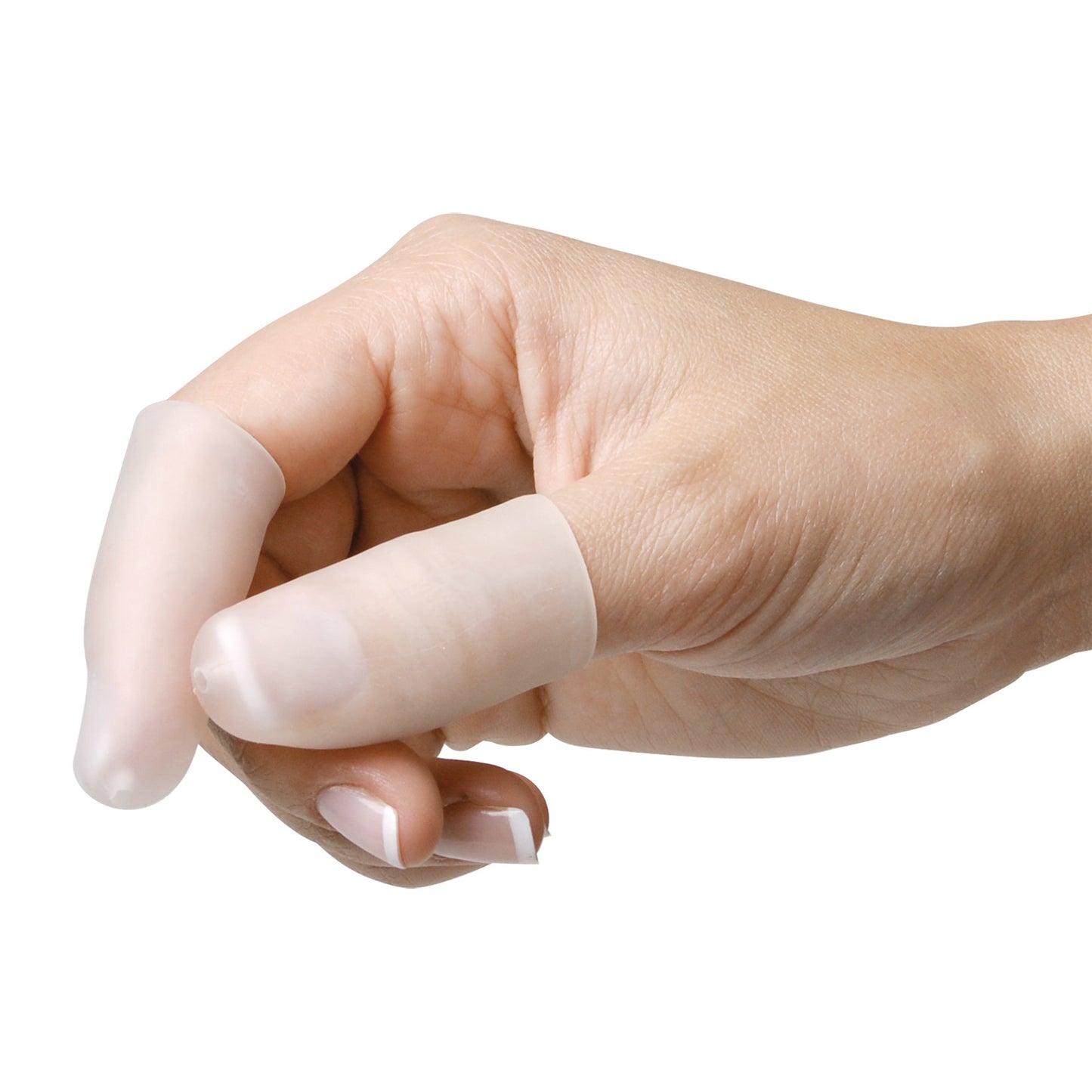 A hand wearing two PediFix Visco-GEL All-Gel Digit Caps on the thumb and index finger against a white background.