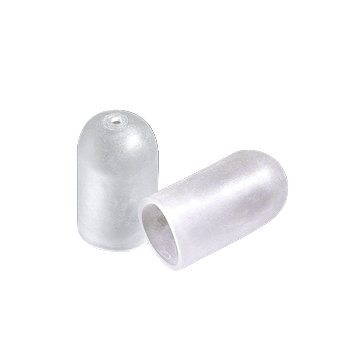 Two clear PediFix Visco-GEL All-Gel Digit Caps, one upright showing a small hole, the other laying on its side.