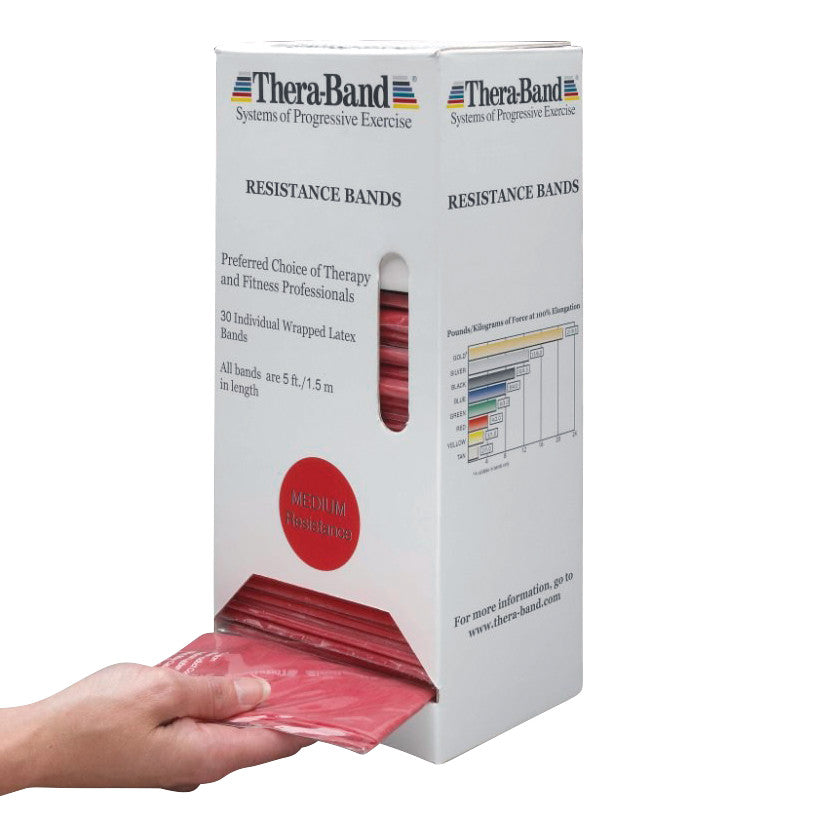 A hand pulls a red band from a THERABAND Latex Resistance Band Dispenser Pack. The box holds 30 medium resistance bands.