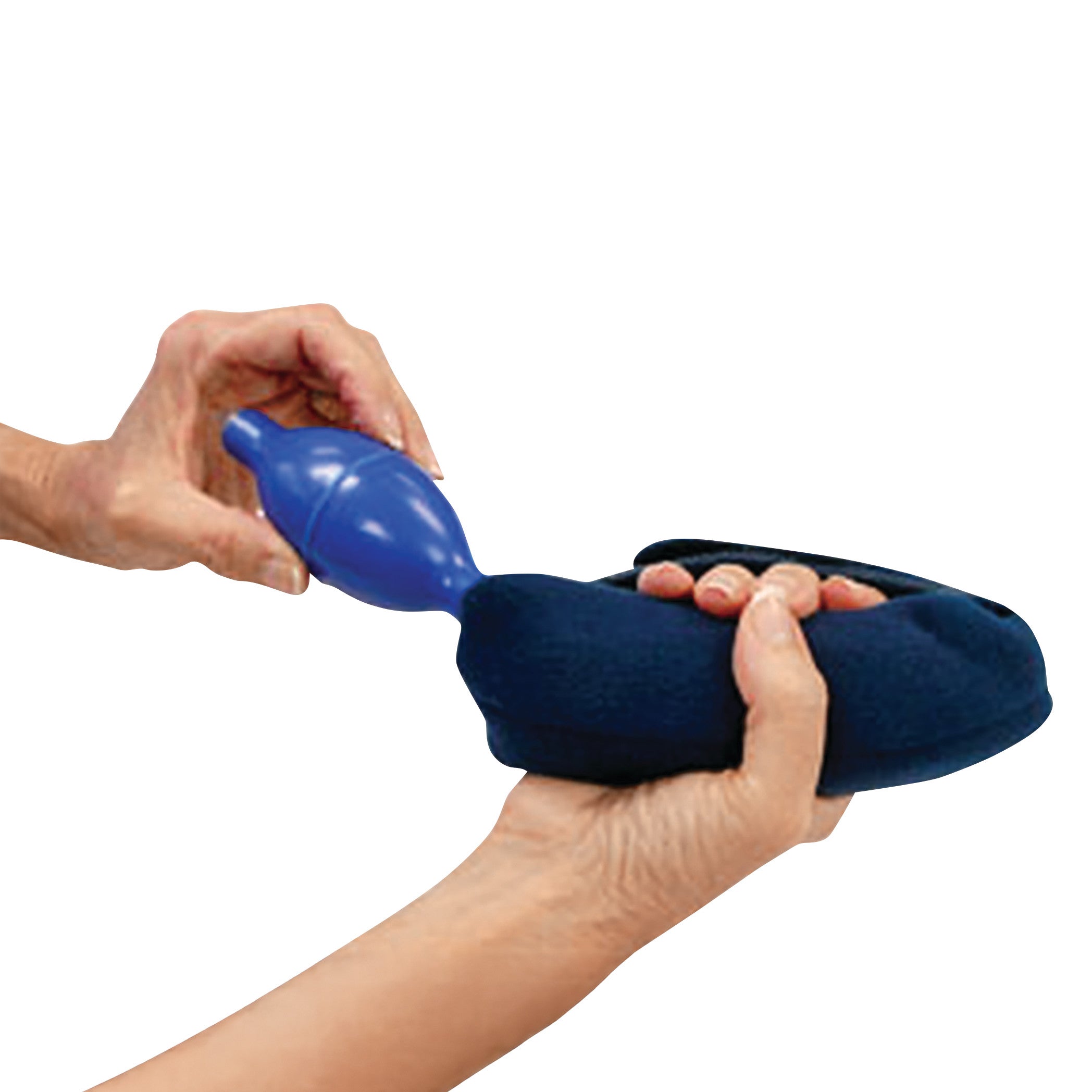 Hands hold a Comfy Splints Adult Hand Air Roll, with one hand squeezing a blue air pump attached to a navy cushion.
