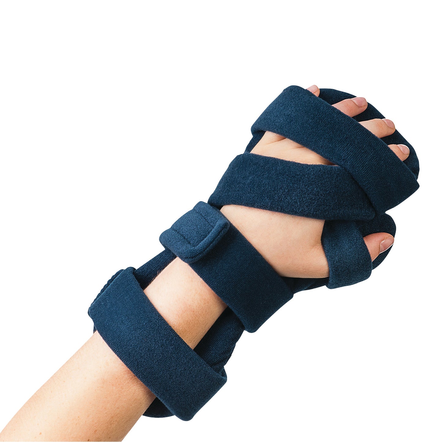 A hand wearing the Comfy Splints Adult Deviation Resting Hand Orthosis, a dark blue padded support brace with multiple straps.