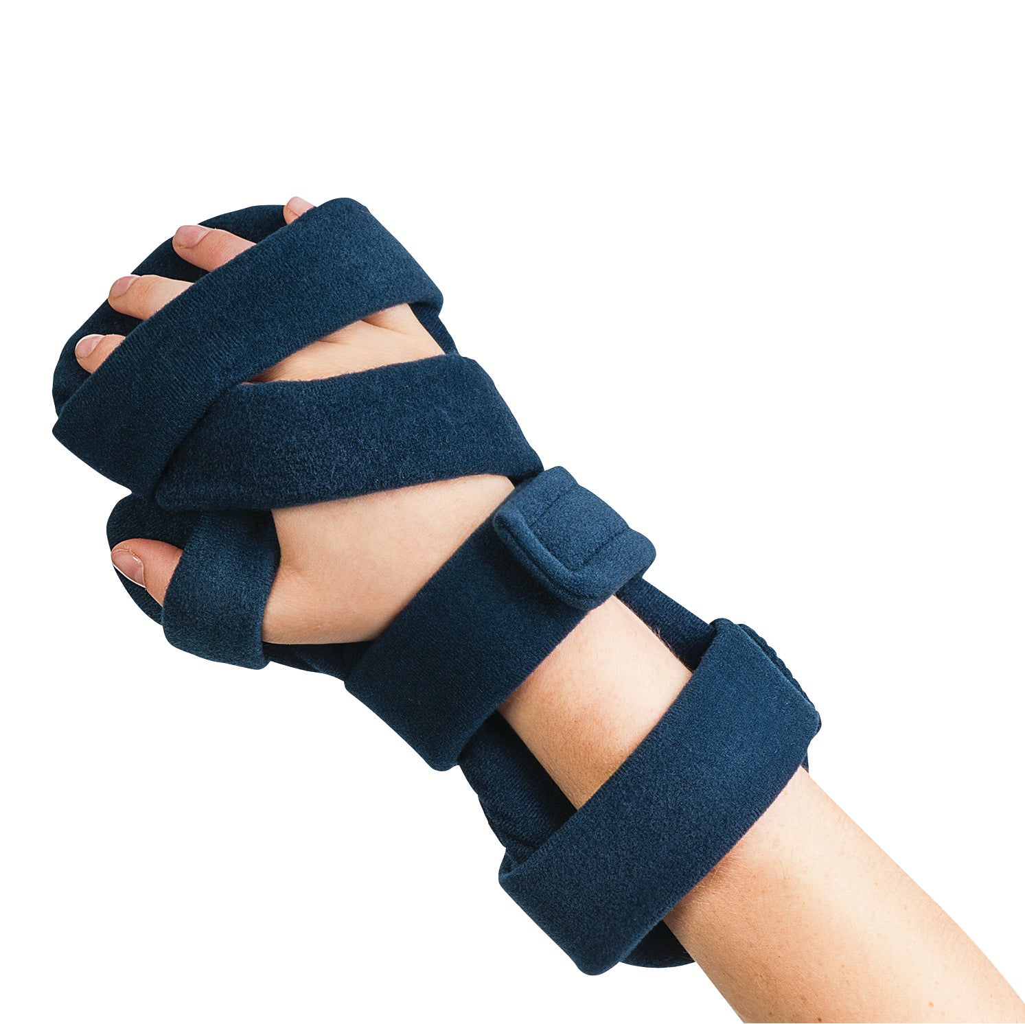 A hand wearing the Comfy Splints Adult Deviation Resting Hand Orthosis, featuring blue padded straps for support and alignment.