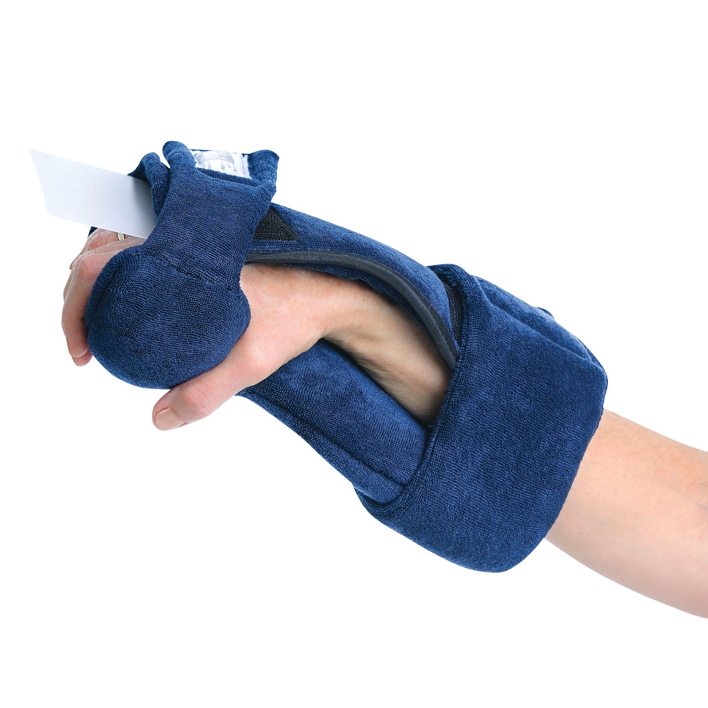 A hand wearing the Comfy Splints Adult Flex Hand Orthosis, a blue padded support brace designed to maintain hand positioning.