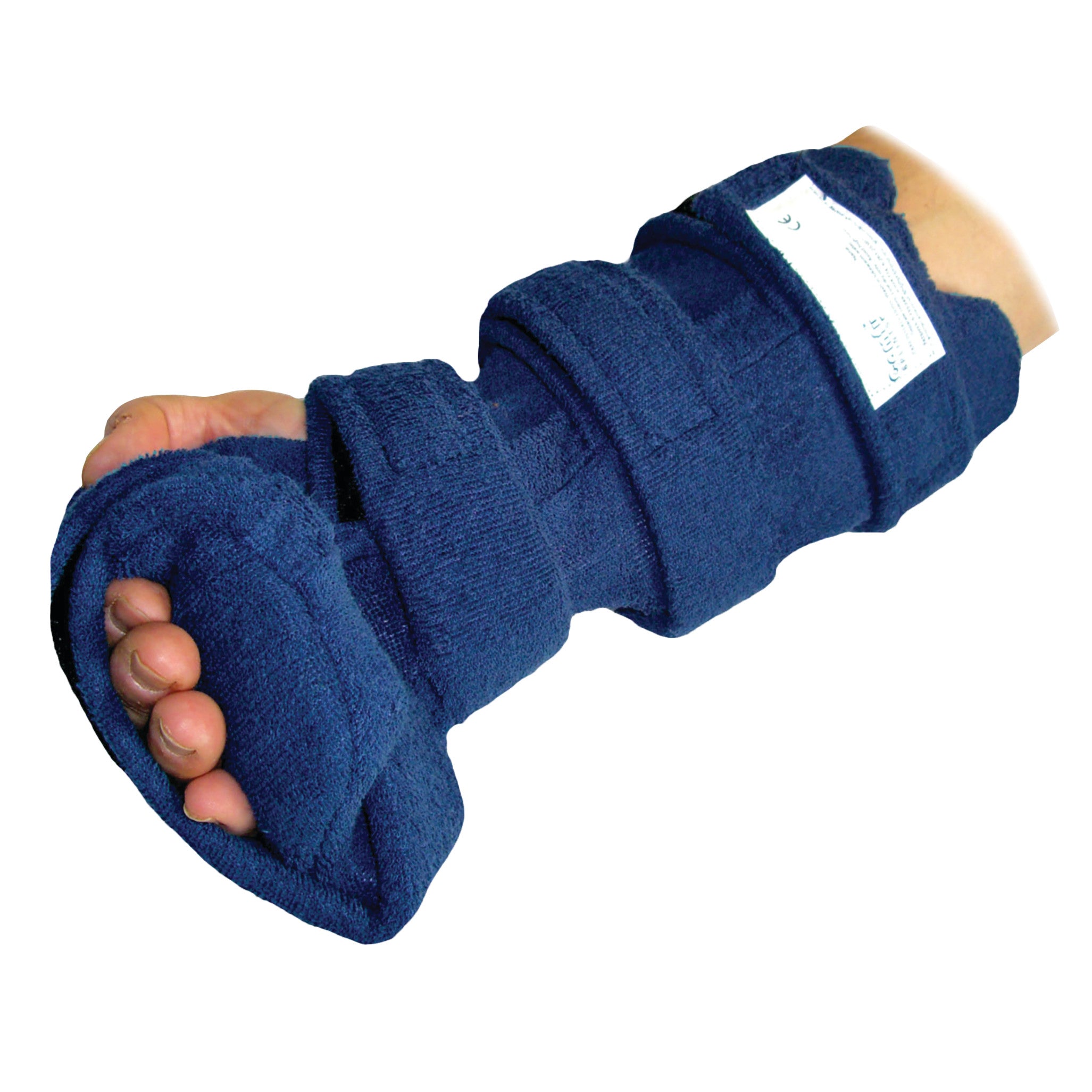 An arm wearing a Comfy Splints Adult Large Pan Hand/Wrist Orthosis. It is dark blue and covers the hand and forearm.