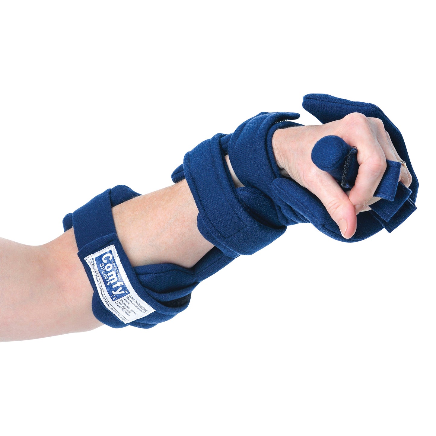 A hand is wearing the Comfy Splints Pediatric Adjustable Cone Hand Orthosis, shown in blue fabric with adjustable straps.